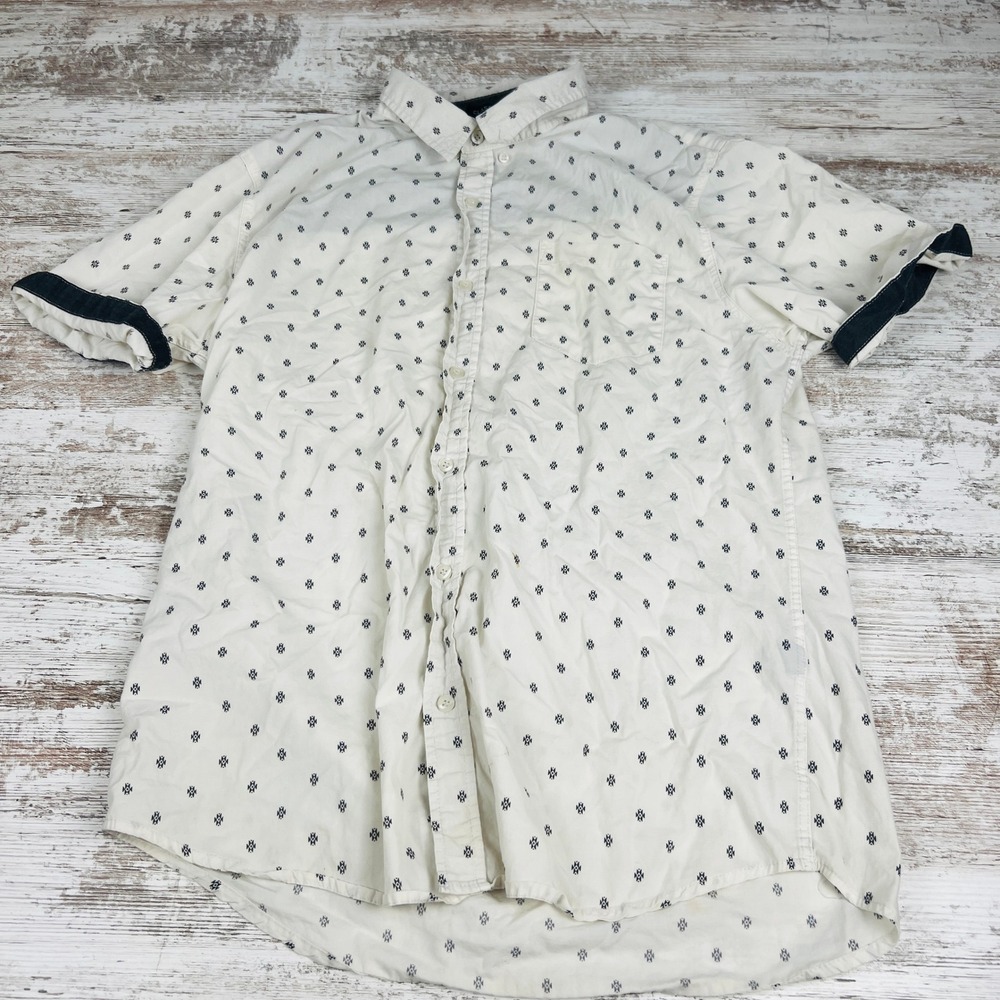 Carbon Mens L Off White Gray Geometric Cotton Short Sleeve Button Down Shirt